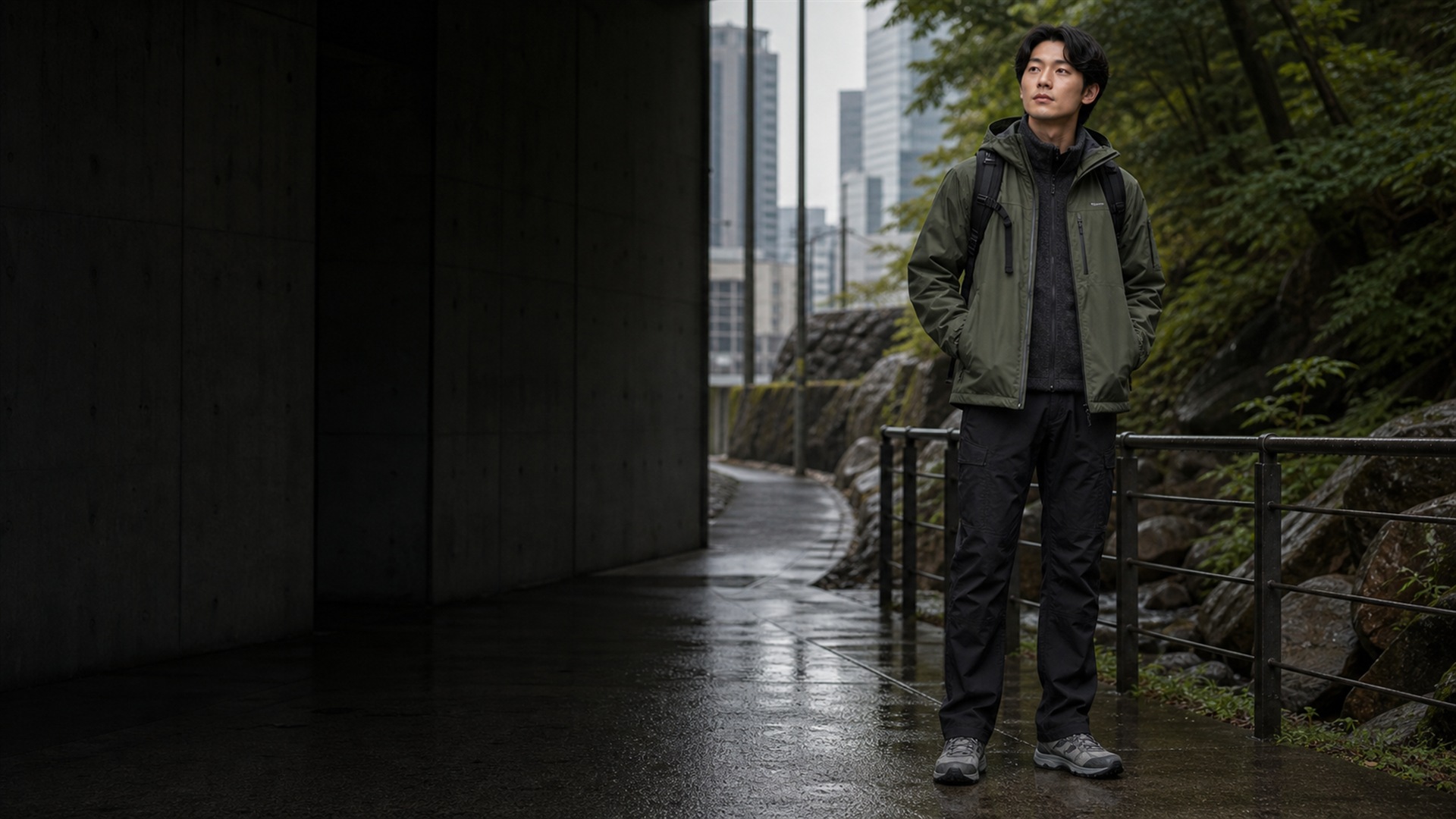 シェルジャケット、フリース、ハイキングパンツ、トレイルスニーカーのゴープコアスタイル