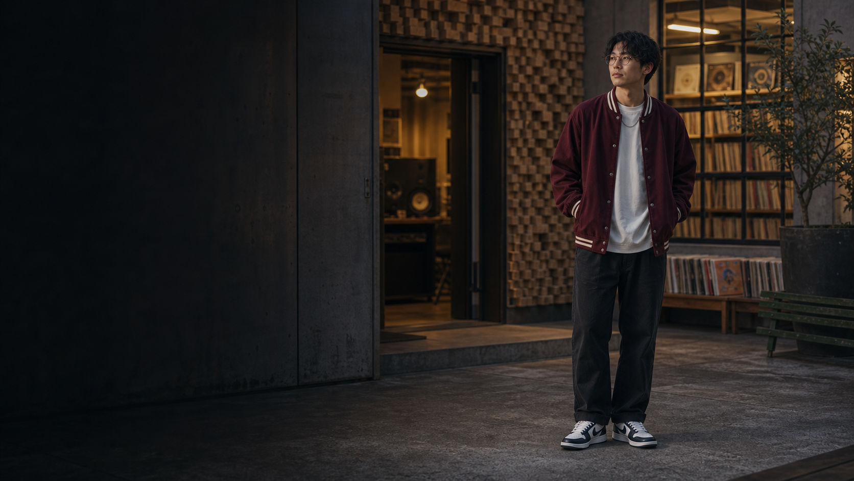 えんじのバーシティジャケット、クリームのTシャツ、ウォッシュドブラックのパンツ、白紺スニーカーを合わせたヒップホップスタイル