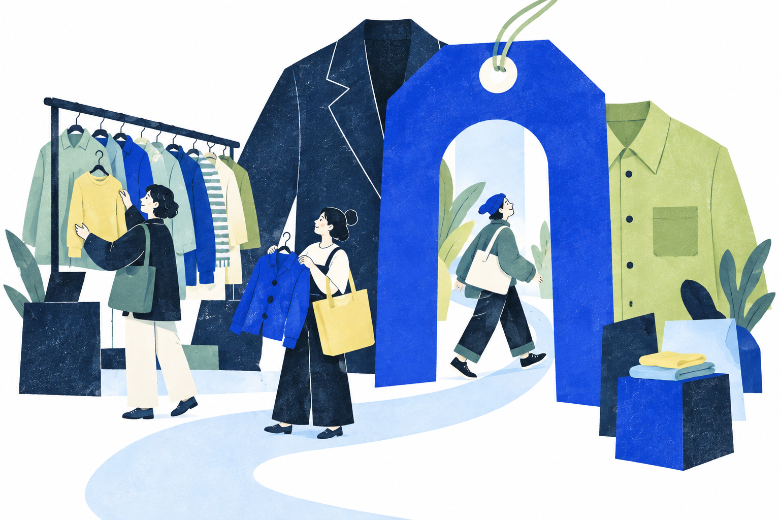 さまざまな着こなしの人が洋服屋を巡るイラスト